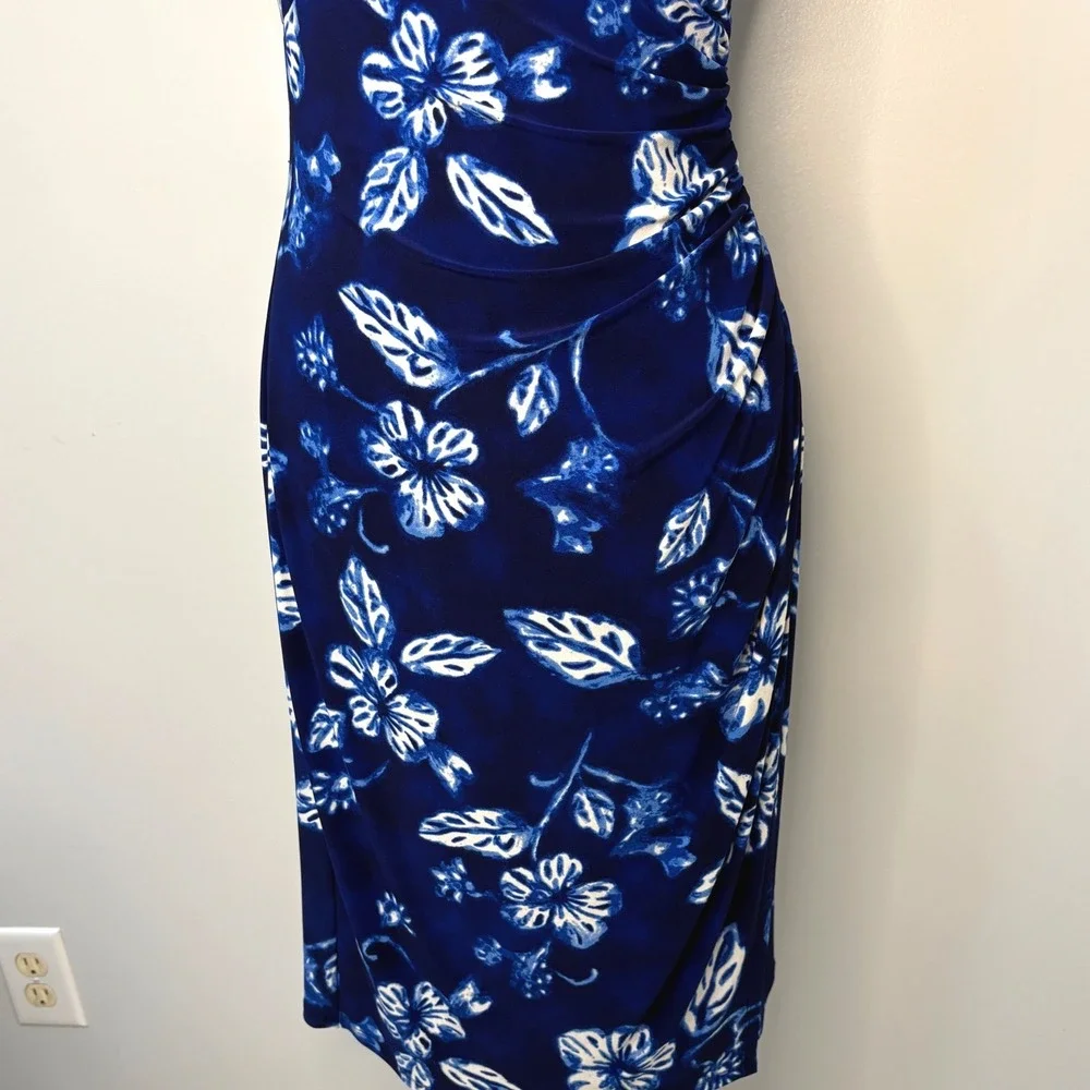 Lauren Ralph Lauren Blue White Floral Ruched Surplice Sheath Dress Size 6 - Picture 4 of 8